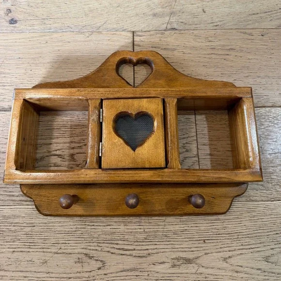 Handmade Solid Wood Wall Trinket Organizer Small Brown Heart Cutout Rustic Pegs