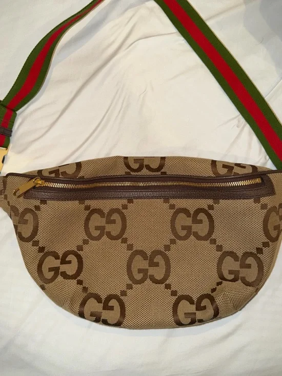 Gucci Brown GG Canvas Waist Bag with Green and Red Web Strap