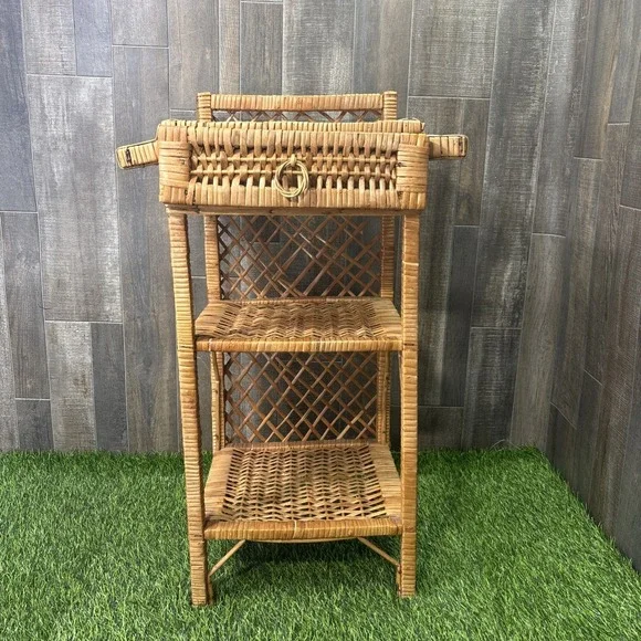 Vintage MCM Wicker Rattan 3 Tier Shelf Bookcase Plant Stand w/ Drawer Boho