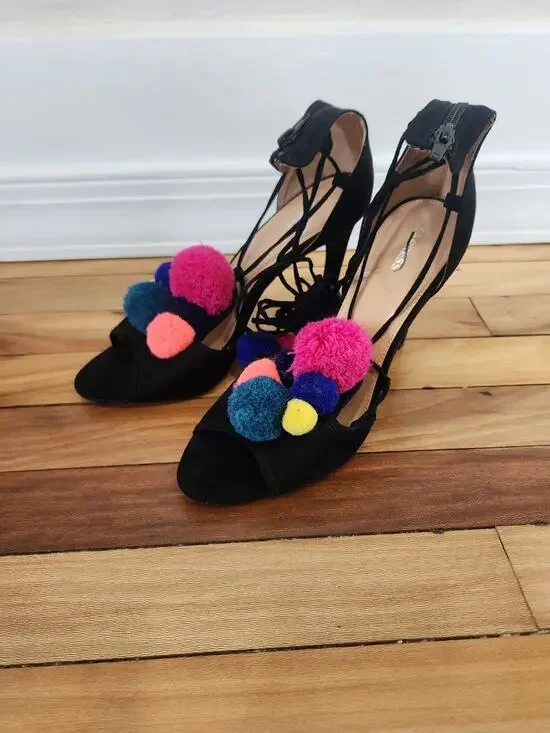 Express Stiletto Heel Strappy Peep Toe Black Colorful Pom Poms Sexy Sandals 10