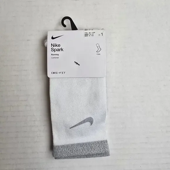 Nike Spark Running Crew Socks Size W7.5-9/M6-7.5 White Cushioned Dri-Fit