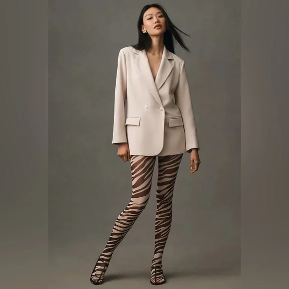 NWT Cynthia Rowley zebra print mesh footed tights, flat waistband, brown, XS
