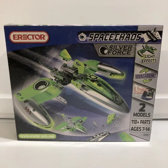 ERECTOR Space Chaos Silver Force Spaceship‎ 2 Models Light Effects 110+ Parts