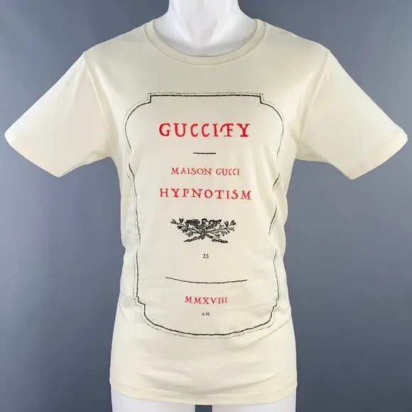 GUCCI Size S Guccify Hypnotism Cream Red Black Print Cotton Crew Neck T-shirt
