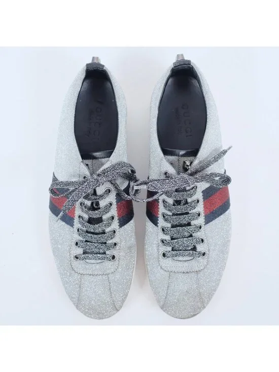 GUCCI Ace Glitter Trainers Sneakers 9.5 D Silver Web