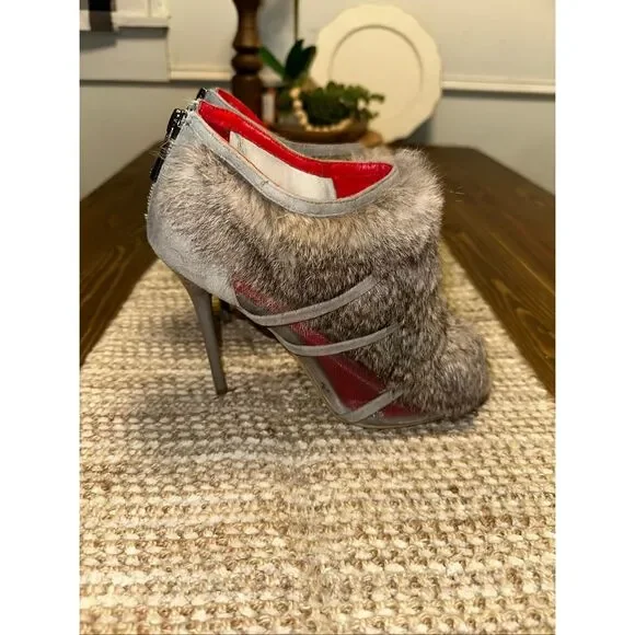 Charles Jourdan Paris Gray Rabbit Fur Mesh Peep Toe Stiletto Booties Heels 8