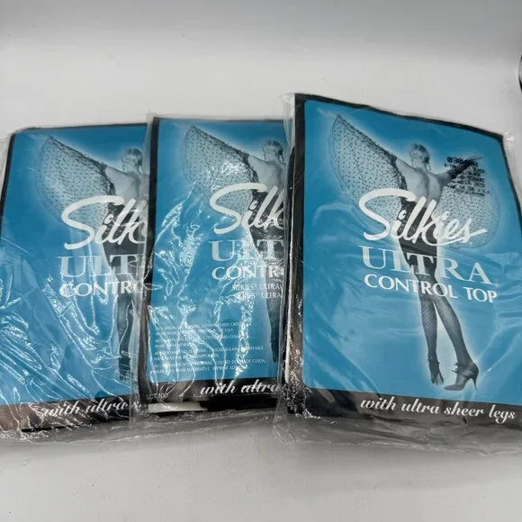 ✨ Vintage Silkies Ultra Control Top Pantyhose – Lot of 3 – Jet Black – X-Tall ✨