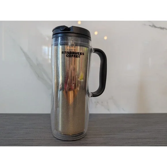 Starbucks 2008 Acrylic Gold Glitter Travel Coffee Tumbler‎ with Rubber Handle
