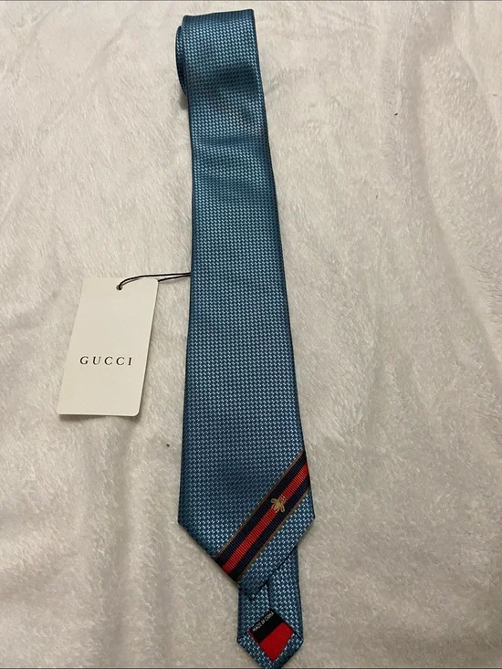 Gucci Blue Silk Tie with Red and Navy Stripe