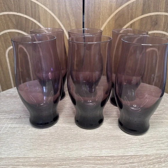 Vintage Libbey Perception Purple MCM Amethyst 16 Oz Glass Tumblers Set Of Six