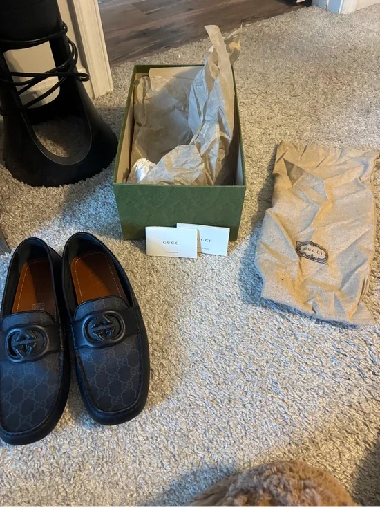 Gucci Black GG Canvas & Leather Slip-On Loafers with Interlocking G