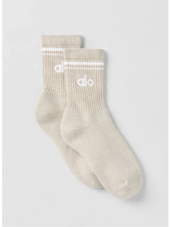 ALO Yoga unisex half Crew Socks /White Logo and Stripes throwback Sock Oatmeal