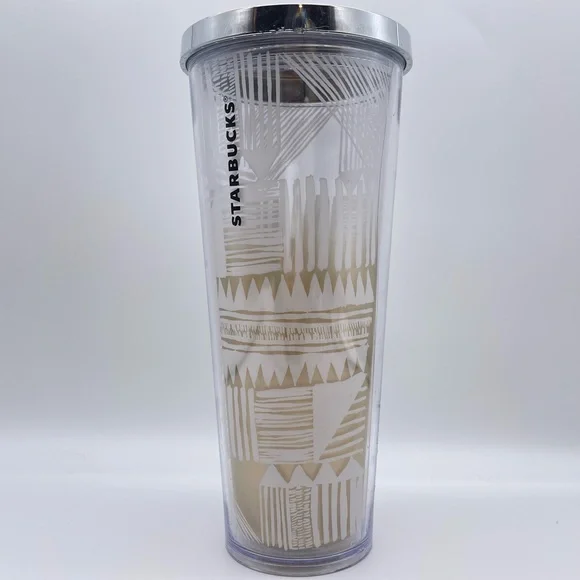 Starbucks 2014 Gold Silver White Ombré Tribal Aztec Geometric Print Tumbler Cup
