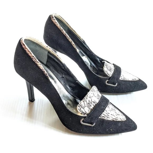 SV VERA WANG Oxen Black Suede Snakeskin Toe Heeled Pumps size 6