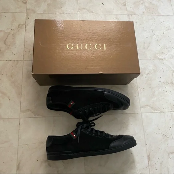 $985 Gucci Made in Italy Black Leather Suede Low Top Men's Sneakers Size 9