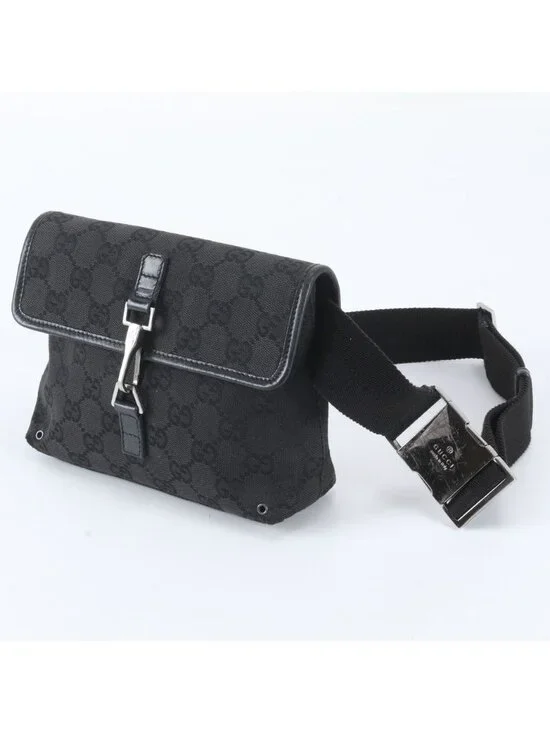 Gucci GG Canvas Leather 2-Way Belt Bag Crossbody Waist Pouch Shoulder Black
