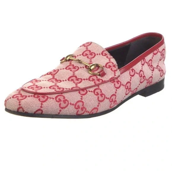 Gucci Jordaan Loafers Pink GG Monogram Canvas Horsebit Shoes IT 41 Mens 8 US