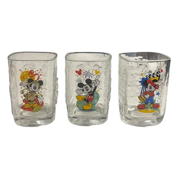 Disney World 2000 Celebration McDonalds Mickey‎ Mouse Glass Mugs Set of 3 Clear
