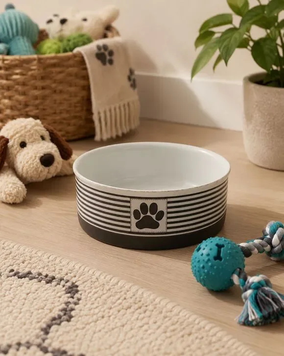 Bone Dry Ceramics Dog Bowl Gray Striped With Paw Print 6
