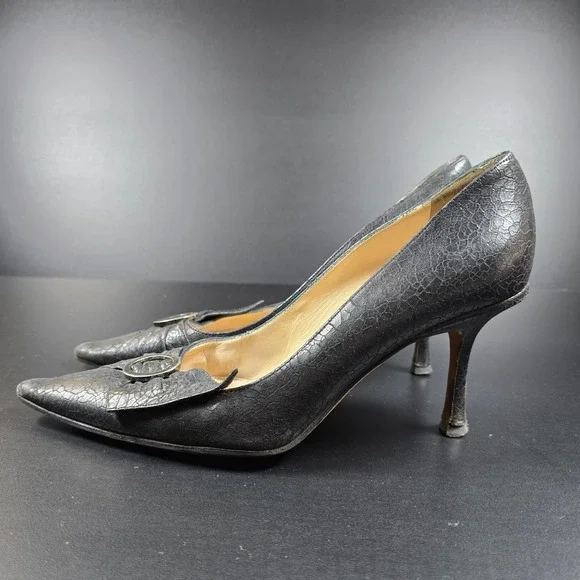 Jimmy Choo Pumps Women 39.5 Black Cracked Leather Pointed‎ Toe Stiletto Heel