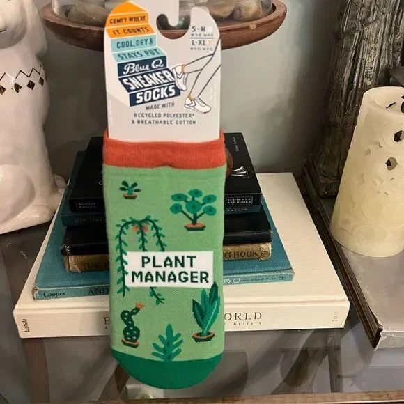 Blue Q Plant Manager Socks - Green and Orange women’s sneaker socks. Size L-XL