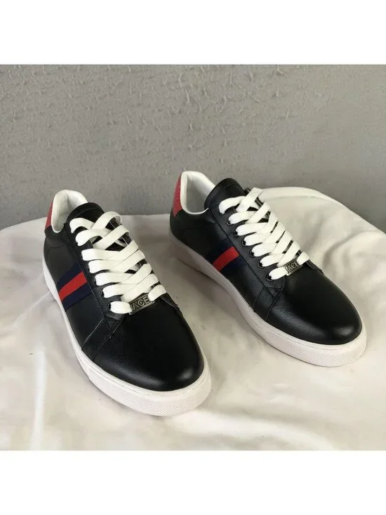 Gucci Ace Shoes Mens Size 12.5 Black Leather Web Stripe Casual Sneakers Italy