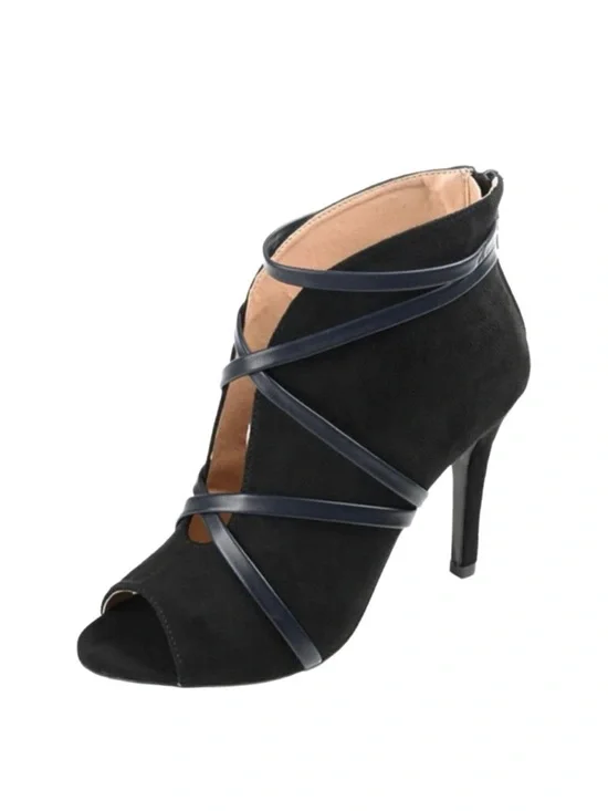 JOURNEE ~ Black Strappy 4” Heeled Peep Toe Booties w/Back Zipper size 7