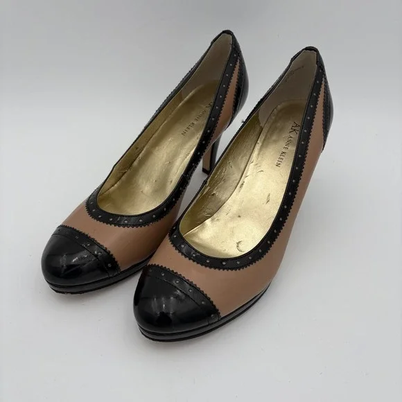AK Anne Klein Women‎ Tan Black Cap Toe Brogue Heel Pumps Shoes Size 9.5M