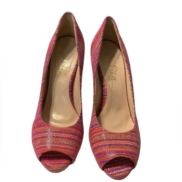 Joan Oloff PINK strips open toe pump size‎ 8.5