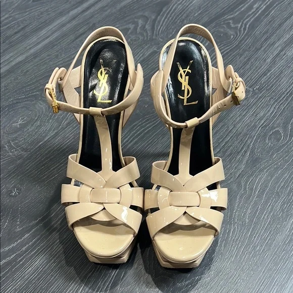 Saint Laurent Tribute Beige Patent Leather Sandals