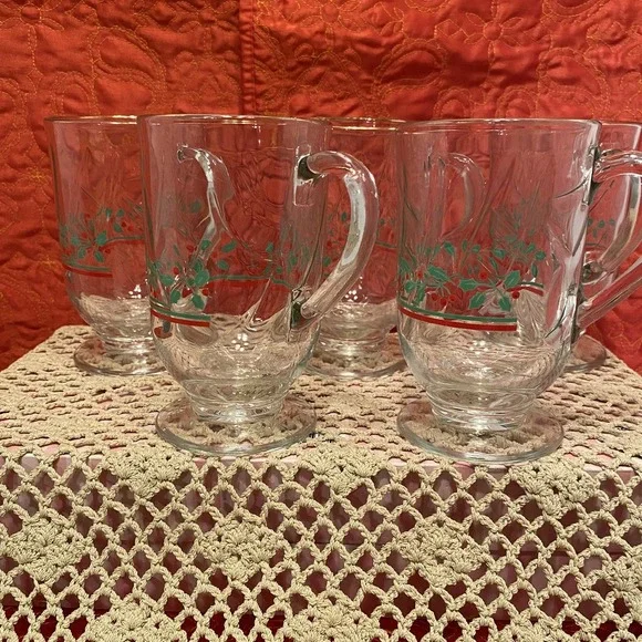 Libbey Christmas Holly and Ribbon Irish Coffee or Tea Glass‎ Mug Cup Set of 5