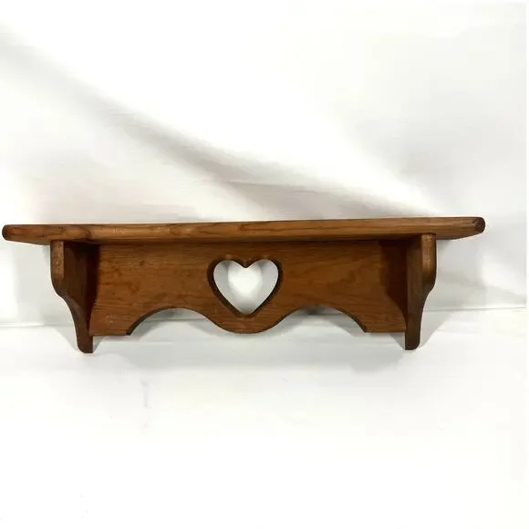 Vintage Wood Wall Shelf Pine Heart Cutout Plate Groove Country Farmhouse Decor