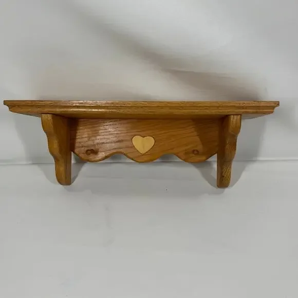 Vintage Solid Oak Wall Shelf Heart Inlay Peg Rack Country Farmhouse Plate Cutout