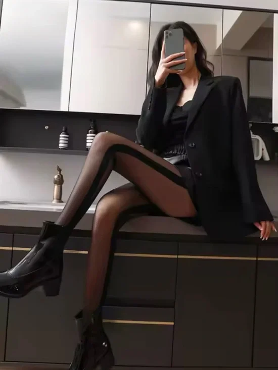 NWT Chic Black Sheer Panel Tights with Side Stripe | One Size