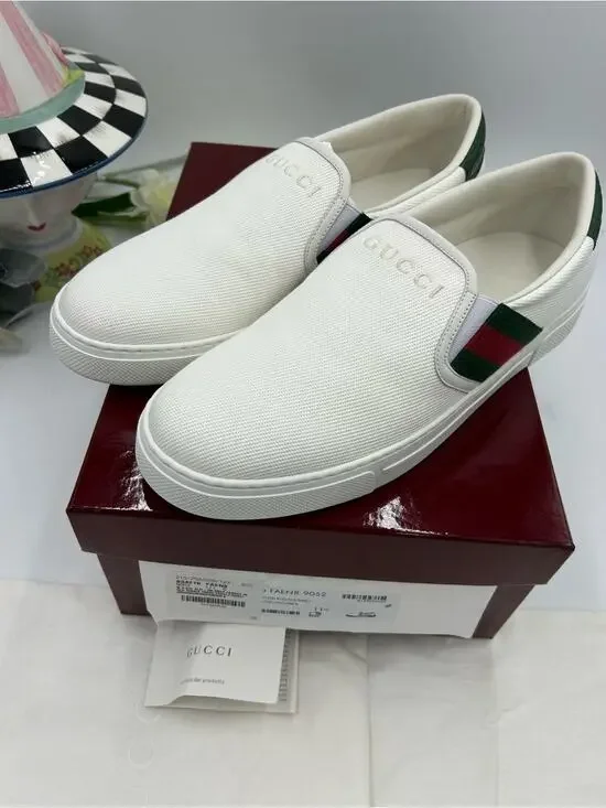 Men's Gucci white canvas ace slip on sneakers size 11.5 fits 12 US made Italy