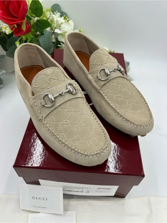 Men's Gucci GG embossed suede driver loafers size 9.5 fits 10.5 US made in Italy
