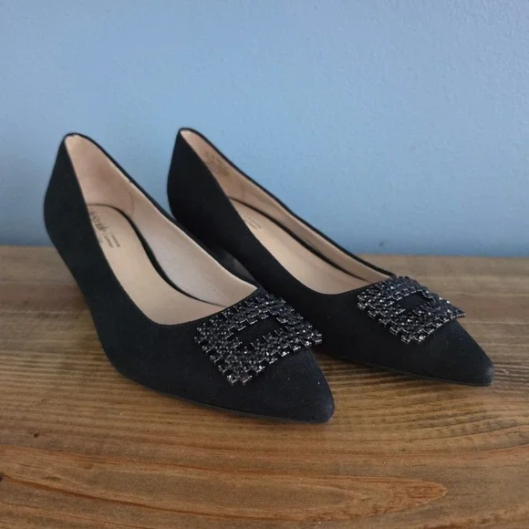 LifeStride Womens Pump Black Minx Bling Crystal Buckle Low Heel 7.5W Wide