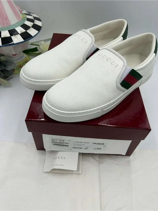 Men's Gucci white canvas ace slip on sneakers size 11.5 fits 12.5 US made Italy