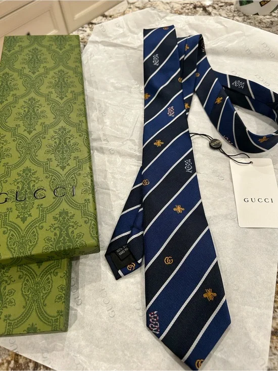 Gucci Navy and Royal Blue Striped Silk Tie with Gold Motifs
