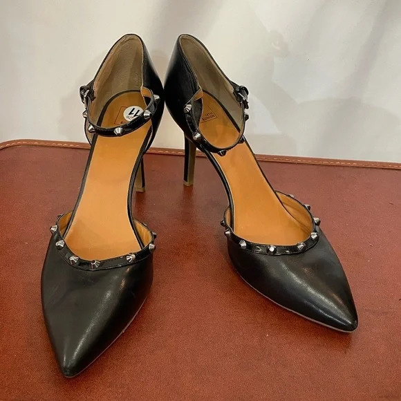 Women’s 11 14th & Union Black Stiletto Heels with Gold Studs‎ and Ankle Strap
