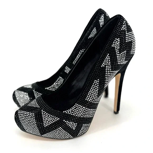 ALDO Womens Sz 7 Black & Silver Chevron Rhinestones Stiletto 5
