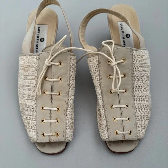 Saks Fifth Avenue Slingback Heels Lace Up Peep Toe Leather Woven Beige -Size 8.5