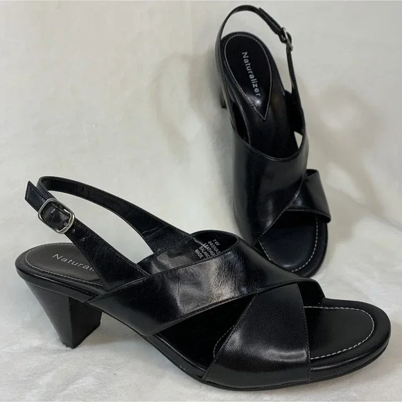 Naturalizer Serenity Black Sling Back Leather Open Toe Heels  EUC Size 7 Width C