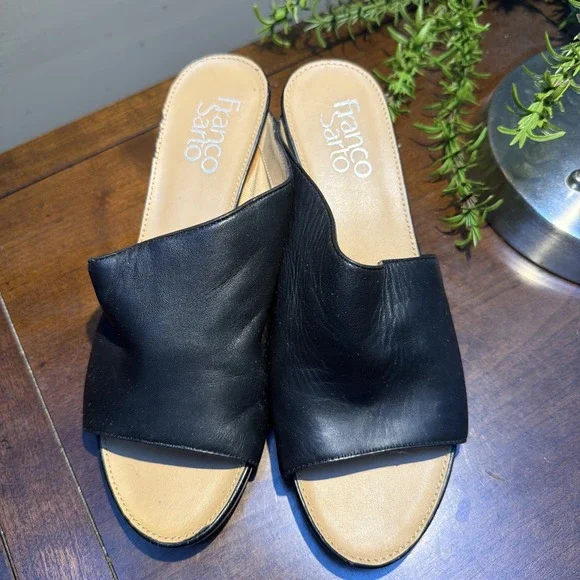 Franco Sarto Dublin Leather Wedge Sandals Heels Size 6 Slip On Open Toe