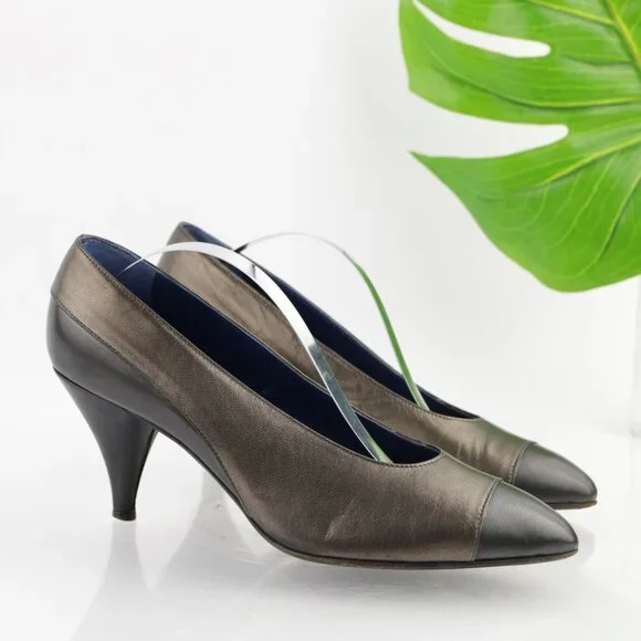 Vintage Oscar de la Renta‎ Womens Pump Size 7.5 Bronze Leather Cone Heel Shoes