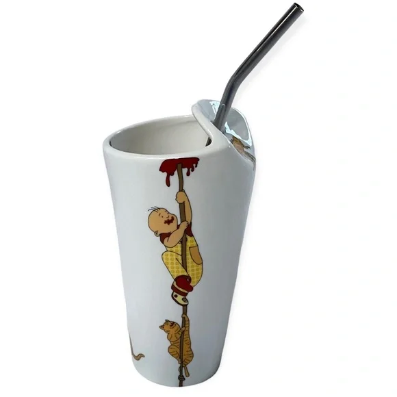 Max Brenner Chocolate ALICE Tall Ceramic Milkshake Cup with Metal Straw 14 oz