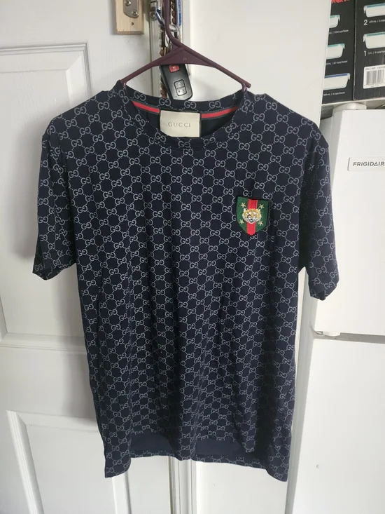 Gucci Navy Blue Monogram GG Short Sleeve Tee with Green-Red Crest