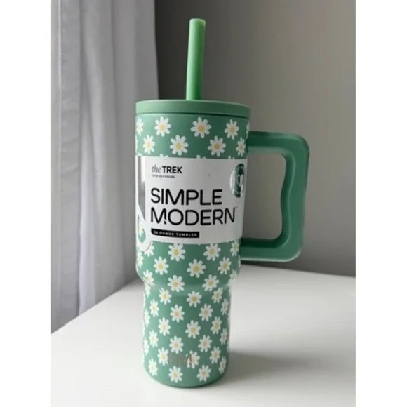 Simple Modern Trek Tumbler 24oz Green Daisy Floral Insulated‎ Travel Mug NEW
