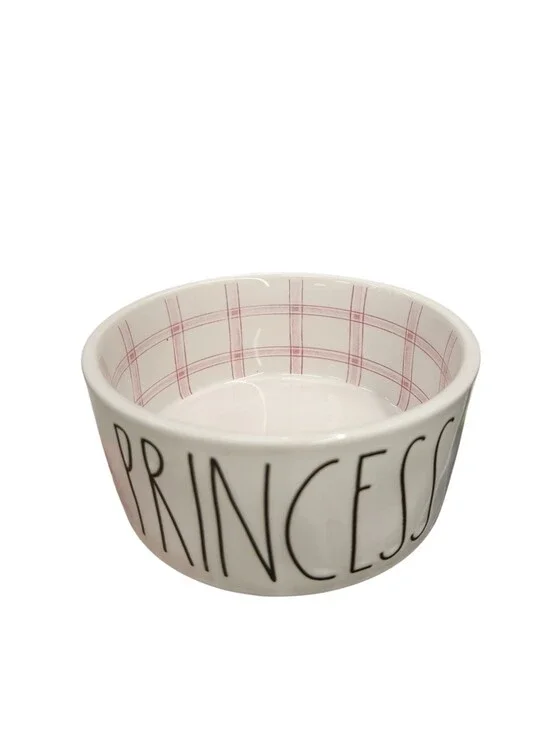Rae Dunn Princess Pet Bowl Pink Plaid Interior Ceramic 6