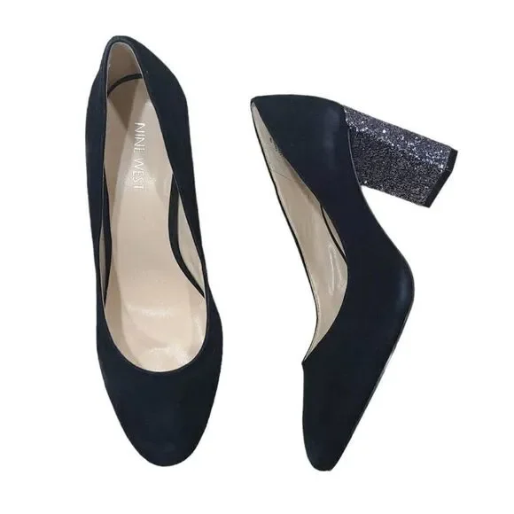 Nine West Sparkle Heels Womens 9M US Black‎ Faux Suede Glitter Chunky High Heels